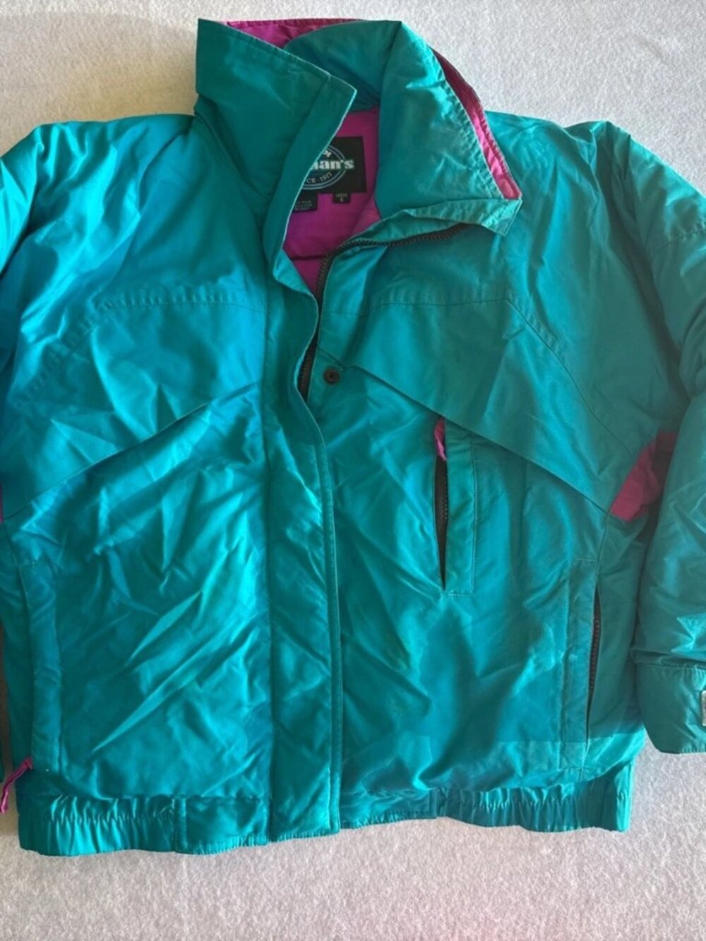 Vintage 90s Herman's Goose Down Puffer Ski Jacket Teal Pink Womens Small Retro